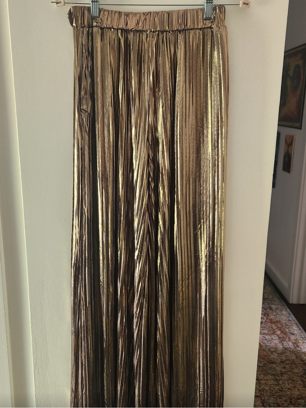 By Together, Metallic Pleated Wide Leg Palazzo Pants True Gold Cocktail,Size S - Picture 2 of 8